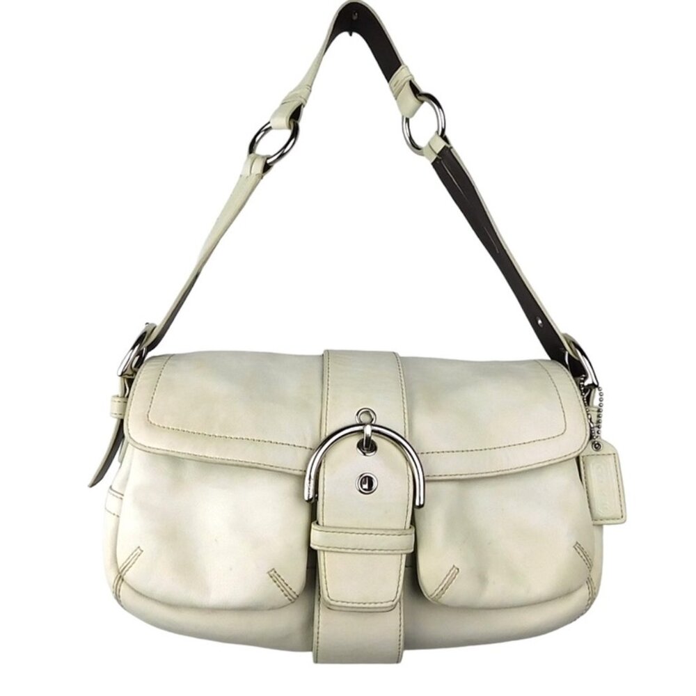 Vintage Y2K Coach Shoulder Handbag in White Leather with Double Front Pockets